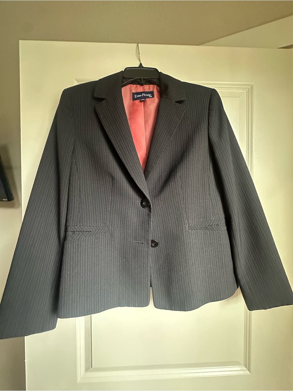 Evan Picone Black Pinstripe Suit Jacket with Coral-Red Lining